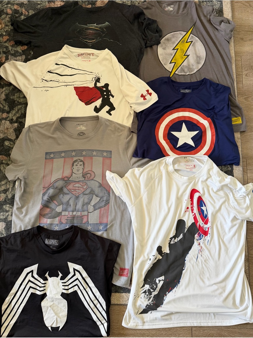 LOT OF 7 Marvel DC Under Armour Shirt Superman Bat Thor Captain Venom Large UA